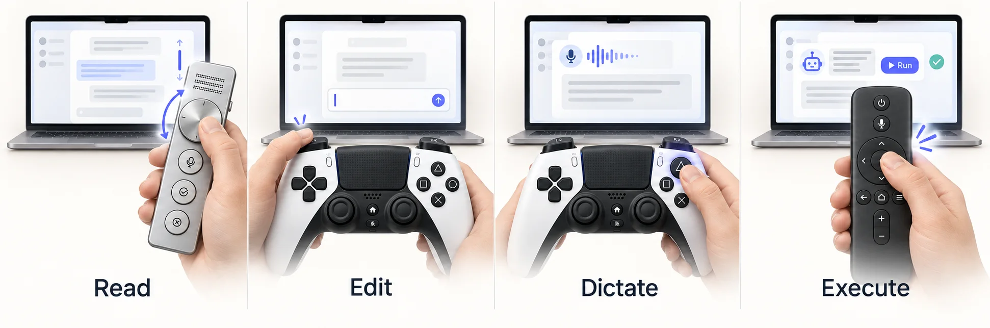 Read with a dial, edit and dictate with a controller, confirm with a remote / 用旋钮阅读、用手柄编辑与听写、用遥控器确认执行